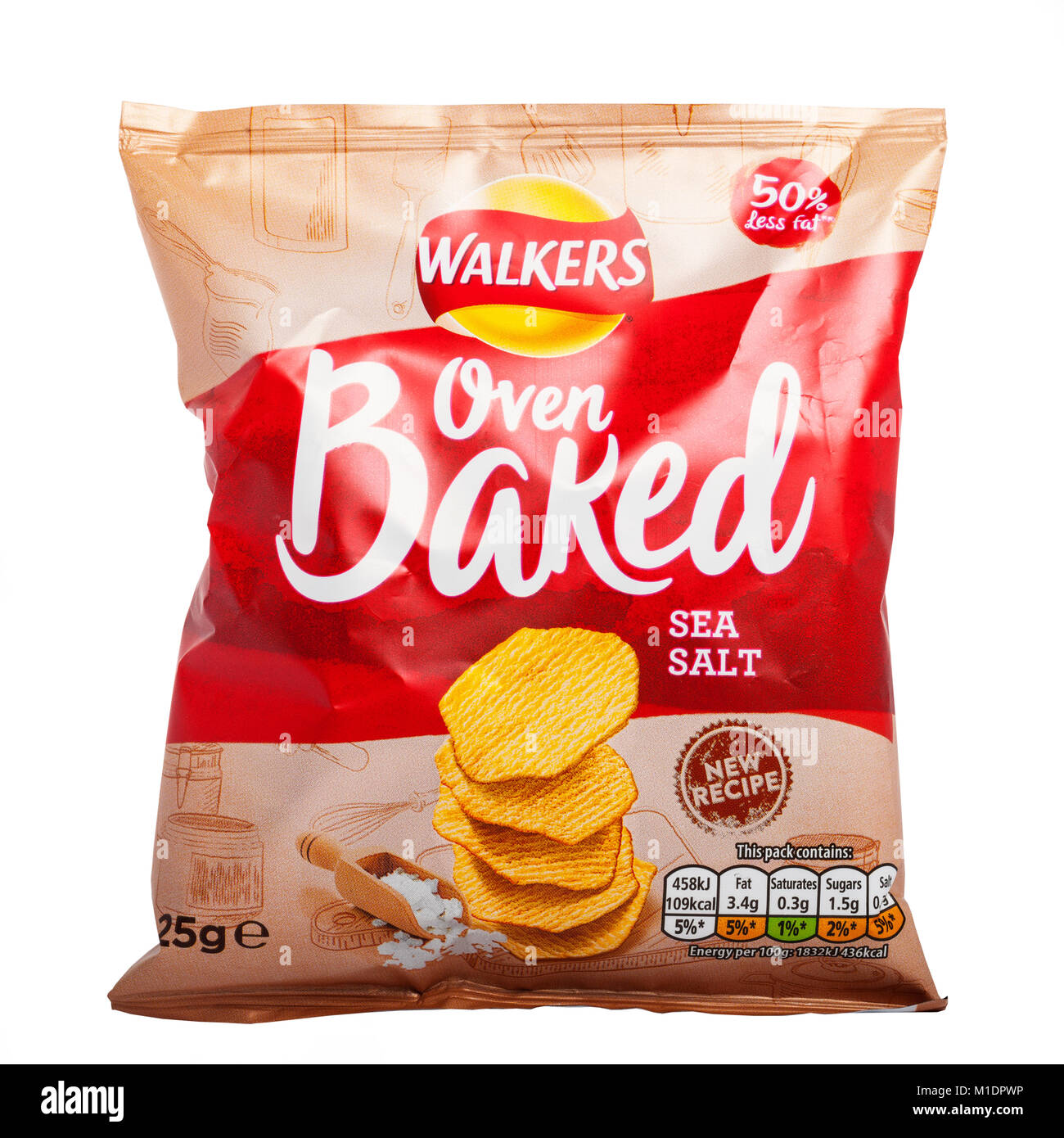 A packet of Walkers oven baked sea salt flavour crisps with 50% less fat on a white background Stock Photo