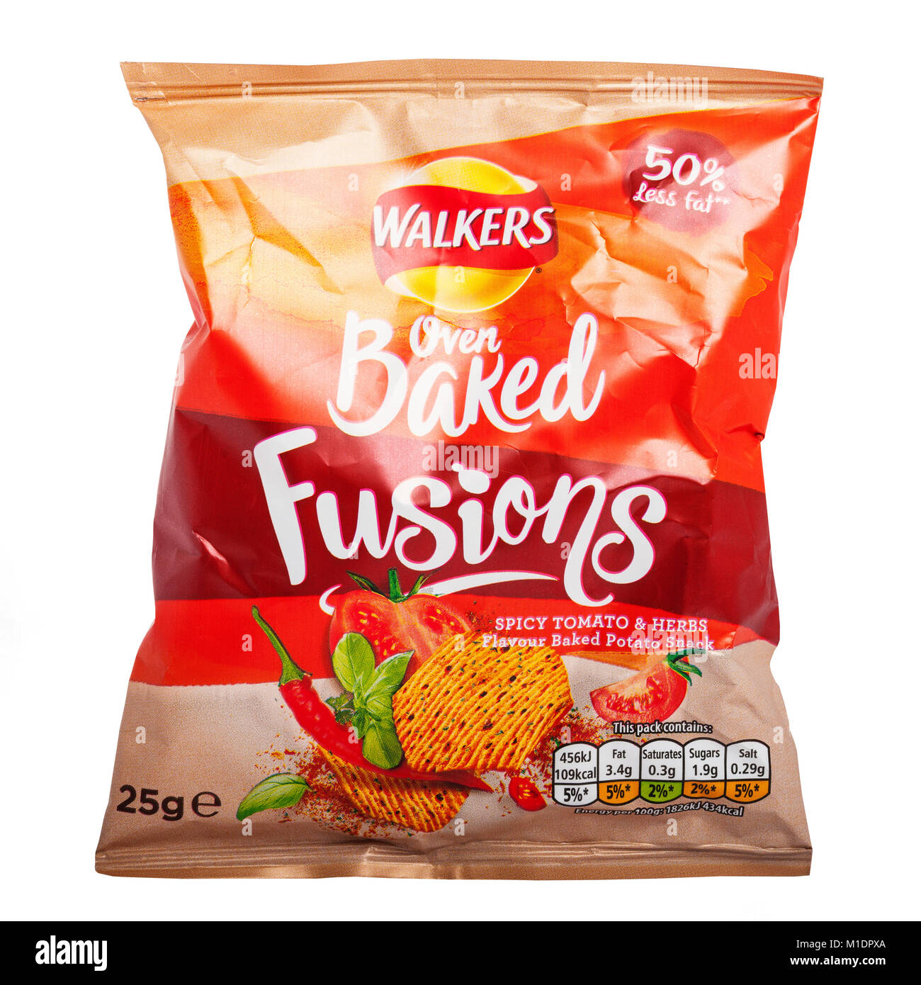 A packet of Walkers oven baked spicy tomato & herbs flavour fusions crisps with 50% less fat on a white background Stock Photo
