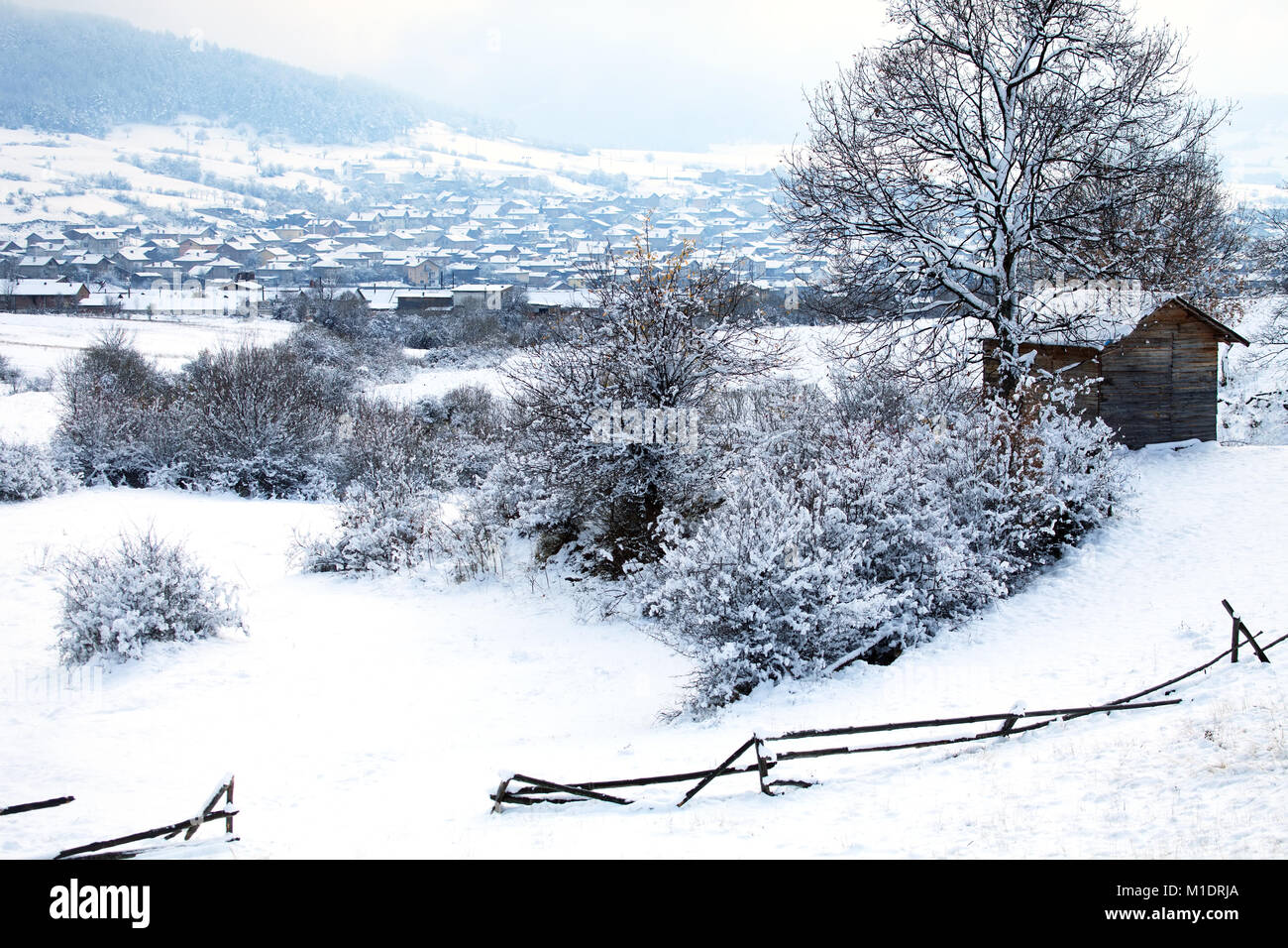 winter meadows with wooden shellter near small bulgarian village Stock ...