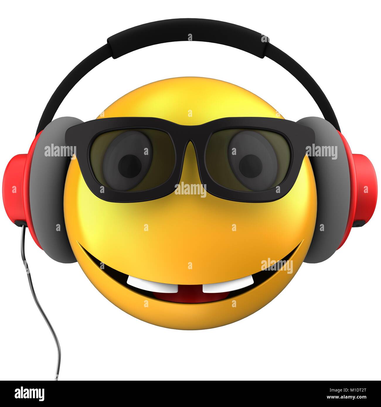 3d illustration of yellow emoticon smile with red headphones over
