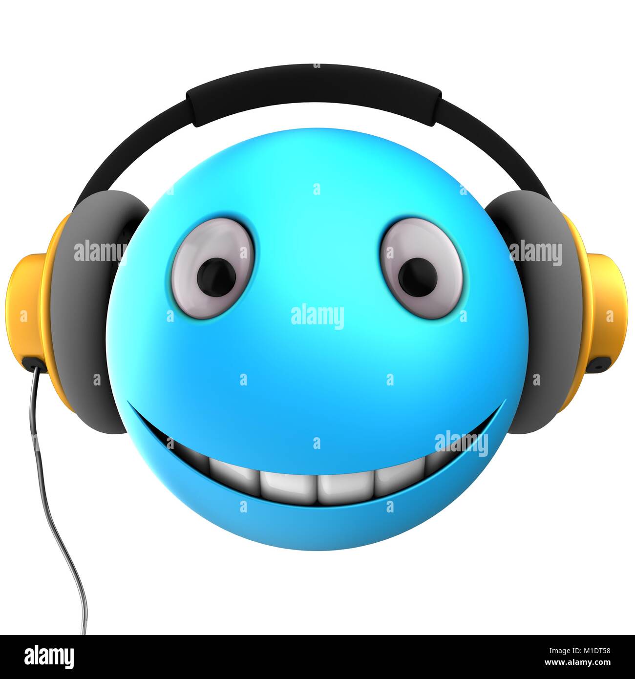 3d illustration of blue emoticon smile with yellow headphones over white background Stock Photo