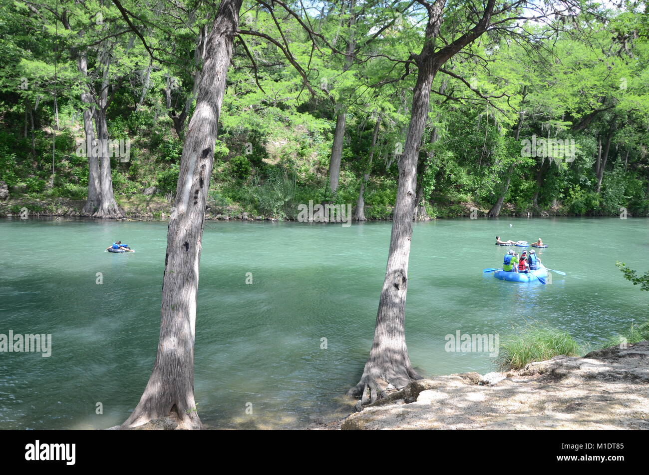 people tubing and sailing on the guadalupe river gruene texas USA Stock Photo