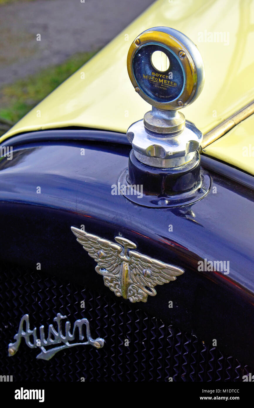 Austin 7 vintage car detail of radiator thermometer cap at Shildon Railway Museum Stock Photo