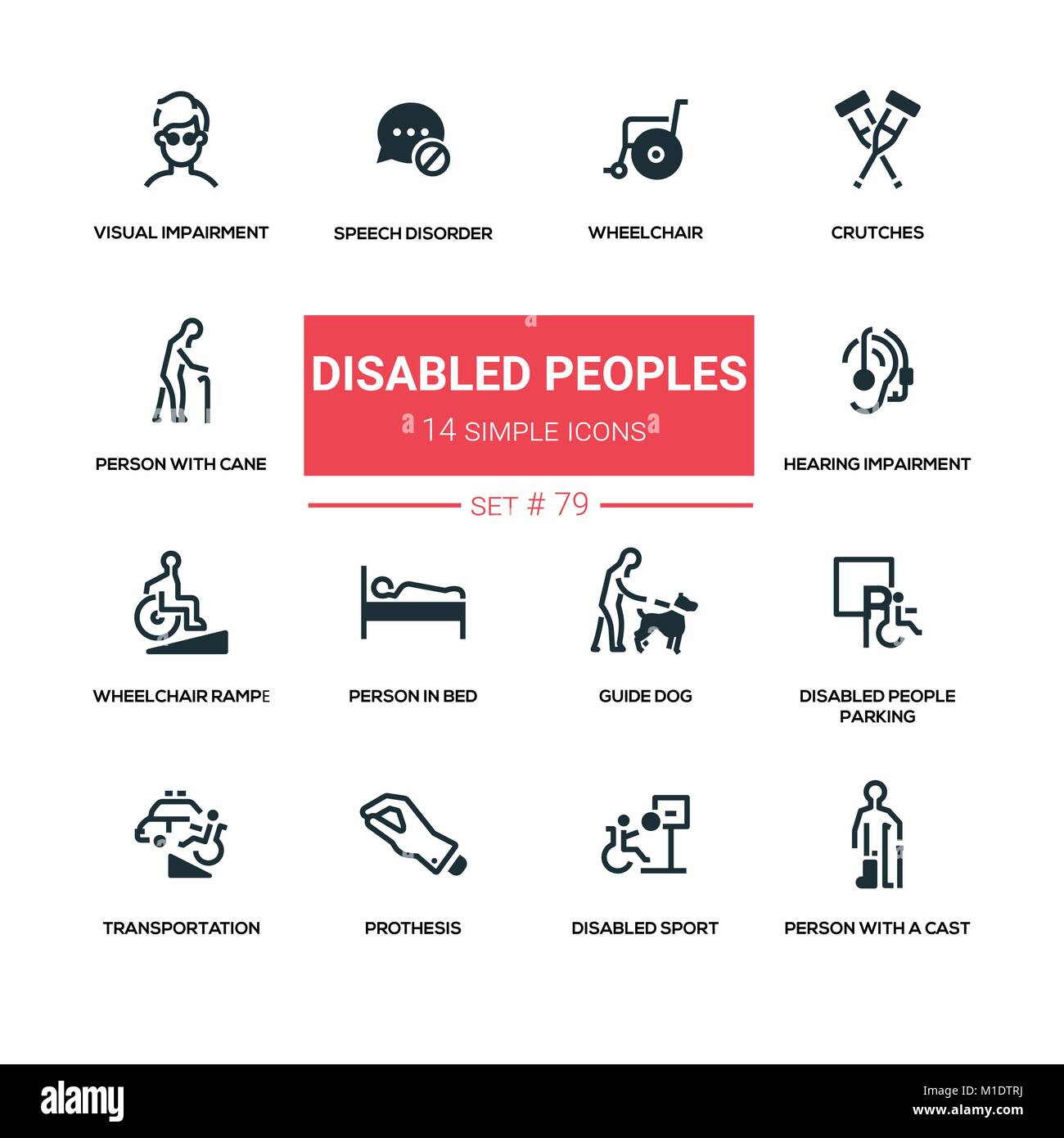 Disabled people - line design silhouette icons set Stock Vector