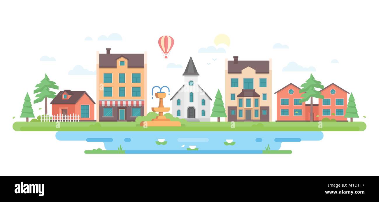 Cityscape with a fountain - modern flat design style vector ...