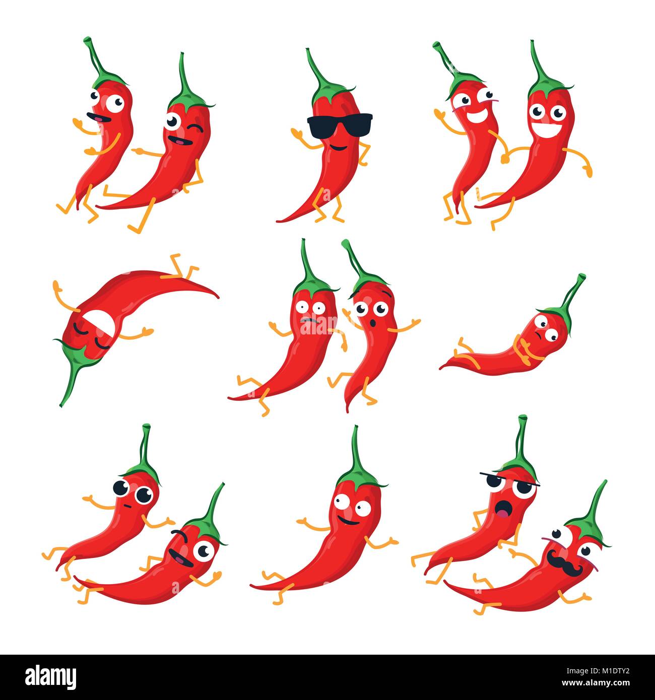 Funny red chili peppers - vector isolated cartoon emoticons Stock