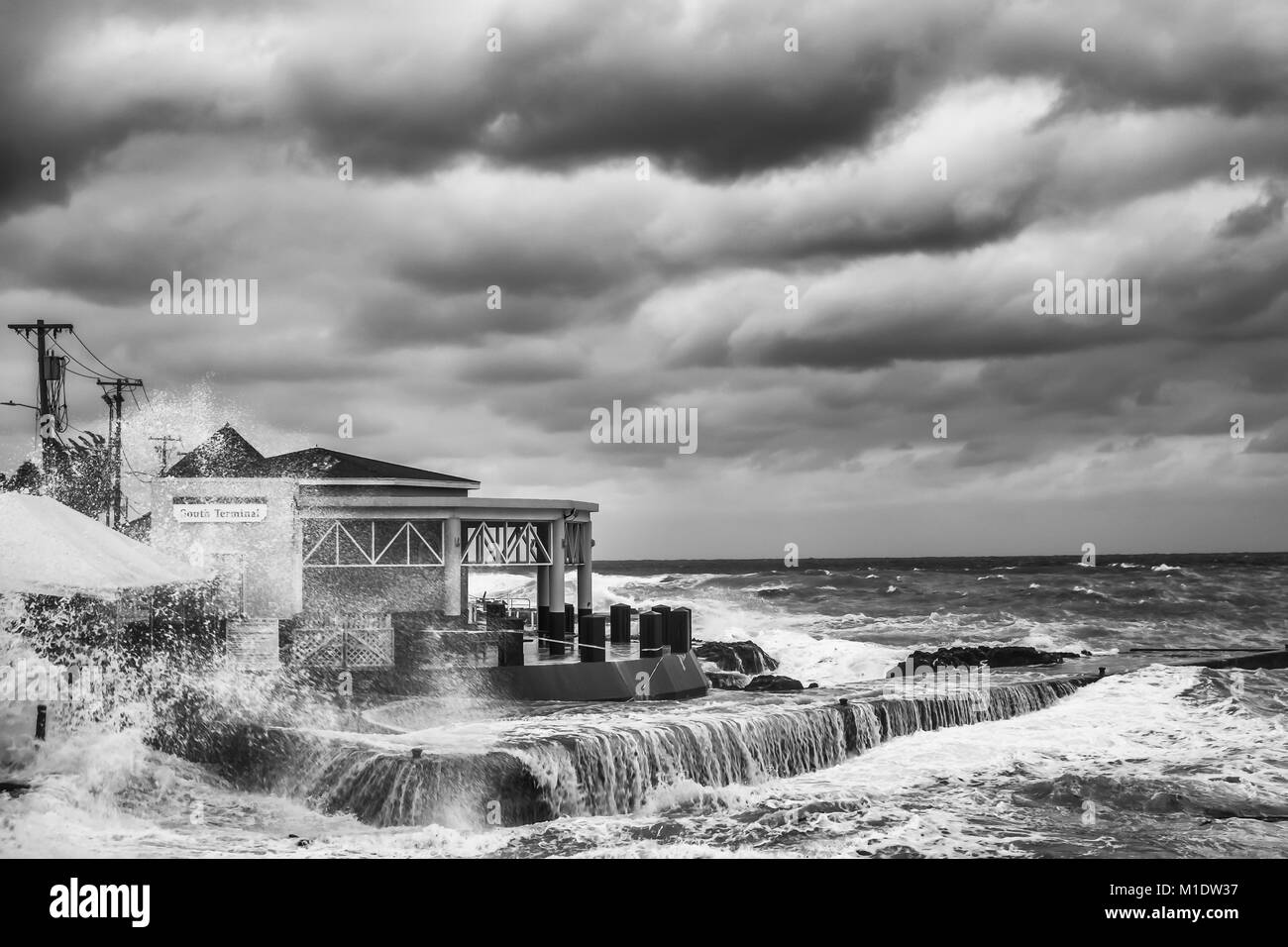 Storm over the Caribbean Sea by the South terminal of George Town Port, Grand Cayman, Cayman Islands Stock Photo
