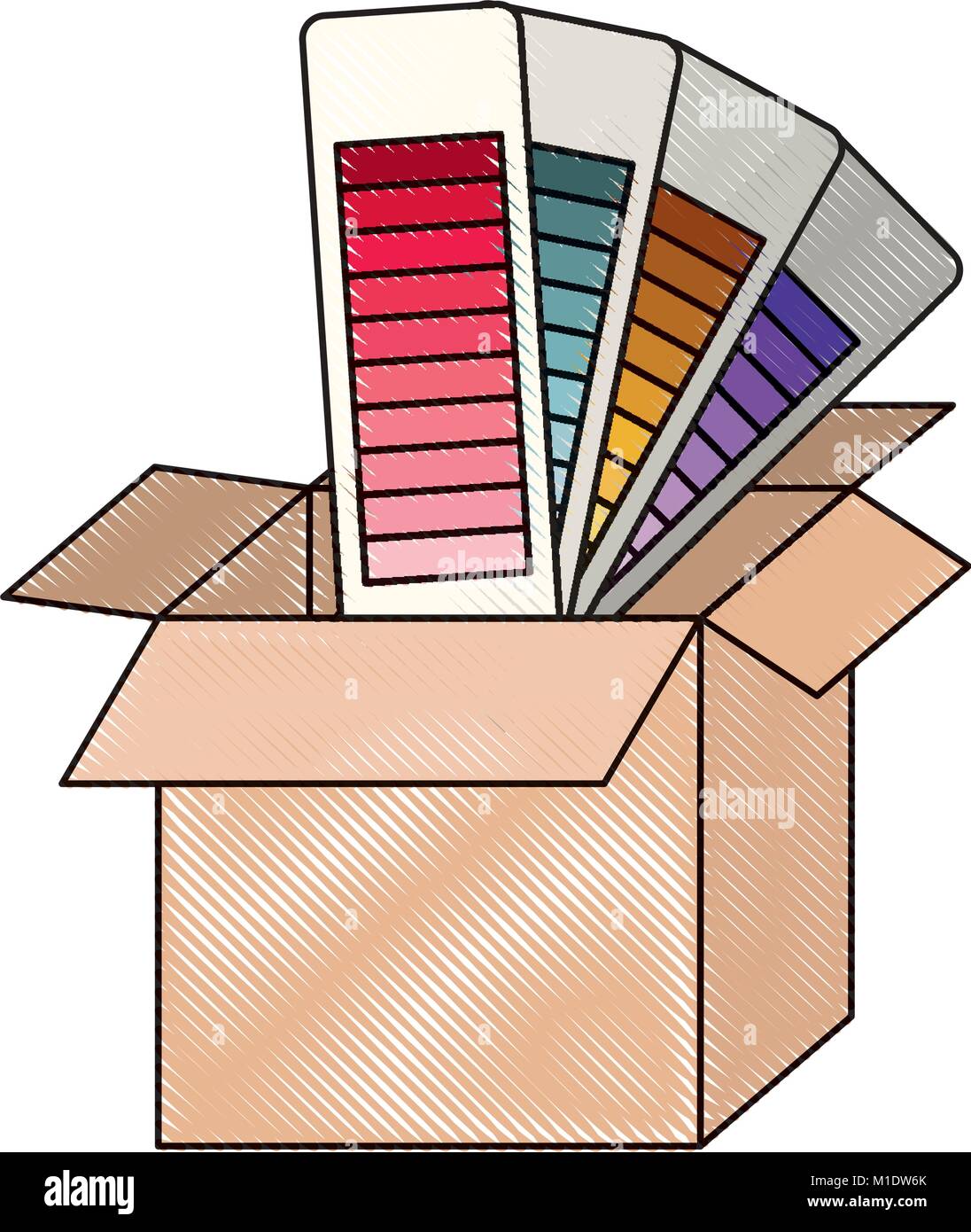 cardboard box and color palette guide in colored crayon silhouette ...