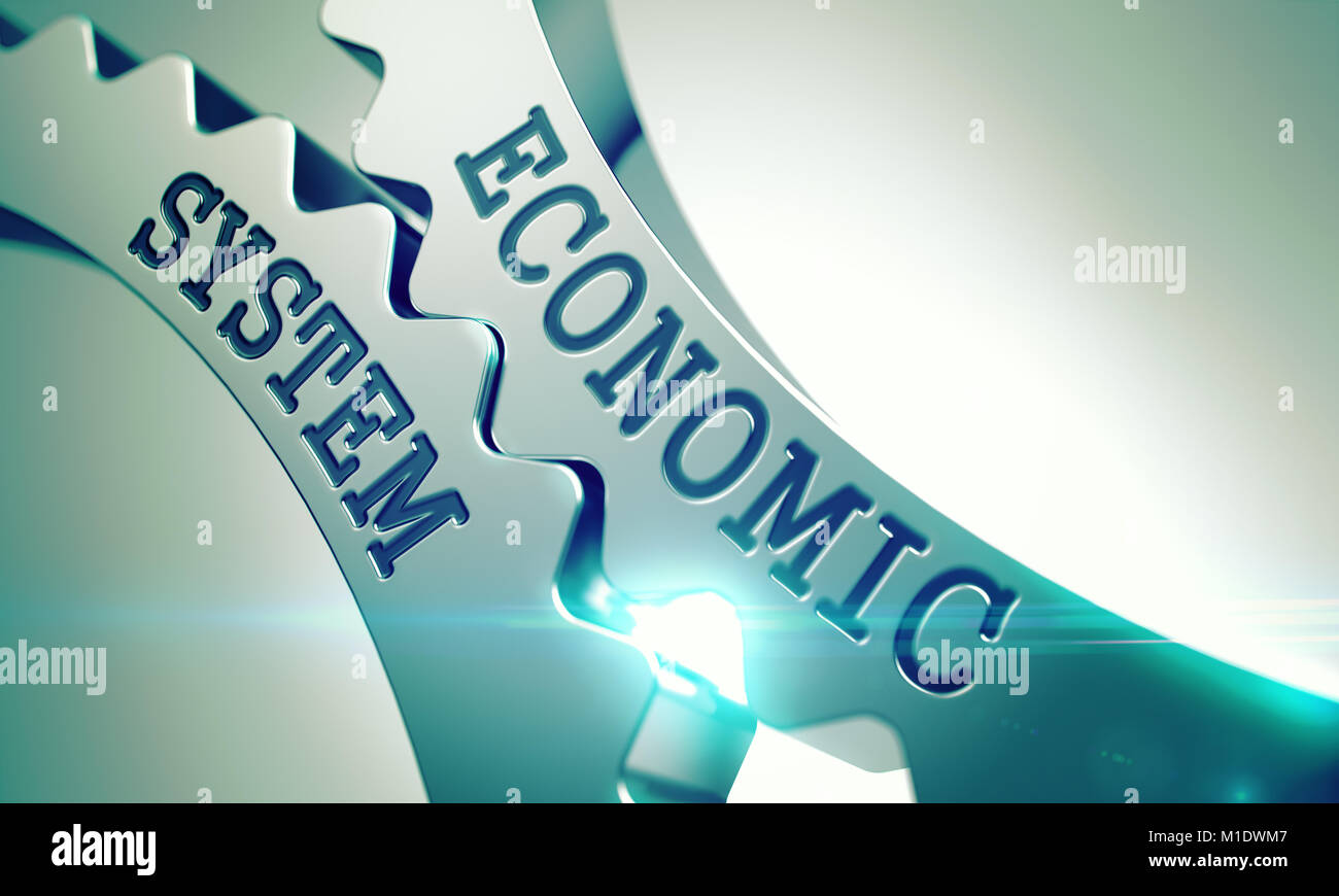 Economic System - Mechanism of Shiny Metal Cog Gears. 3D. Stock Photo