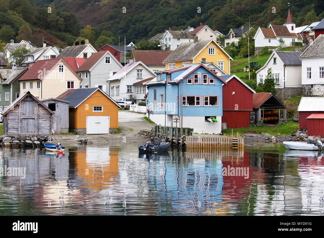 View of the village of Undredal on the shore of Aurlandsfjord, Sognefjord, Norway. Stock Photo
