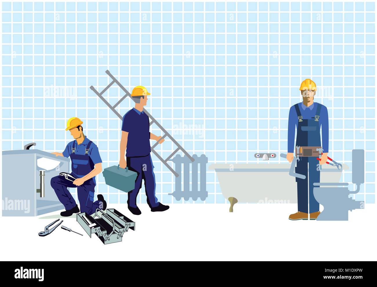 Installers and fitters at the construction site Stock Vector