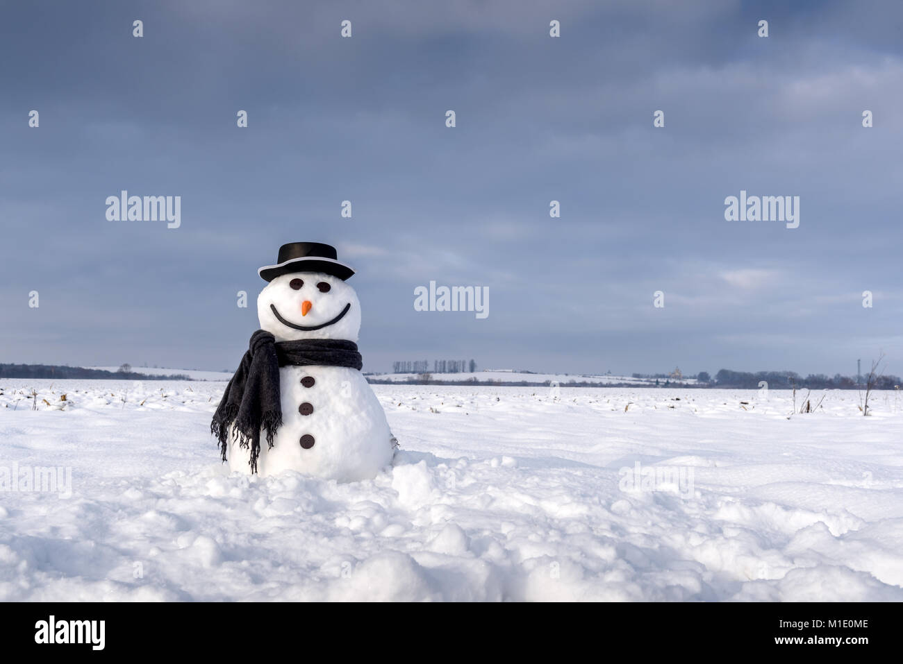 Funny snowman in black hat Stock Photo