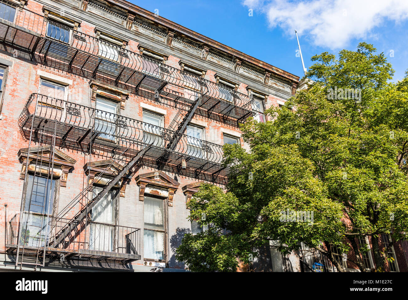Residential apartment building and street road in downtown Brooklyn, windows, fire escape, green tree, sunlight Stock Photo