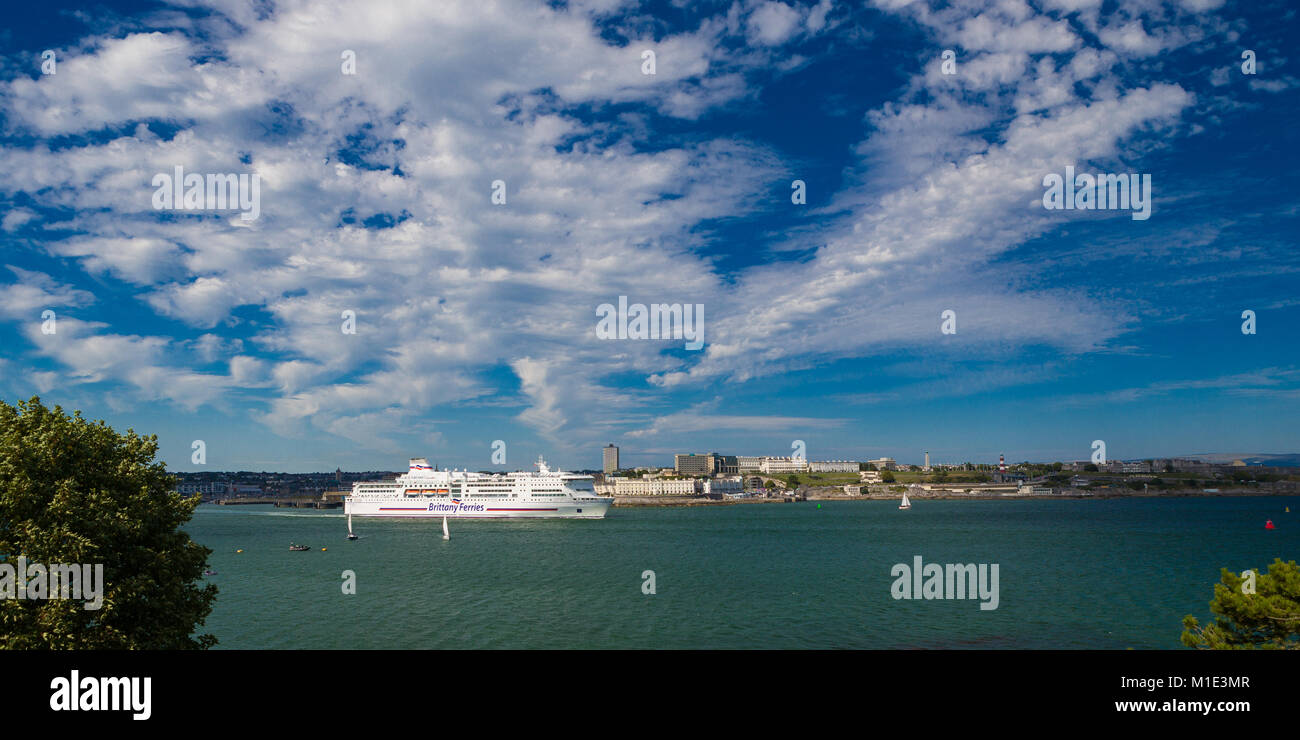 A Car Ferry Leaves Plymouth Sound On A Bright Sunny Day. Stock Photo