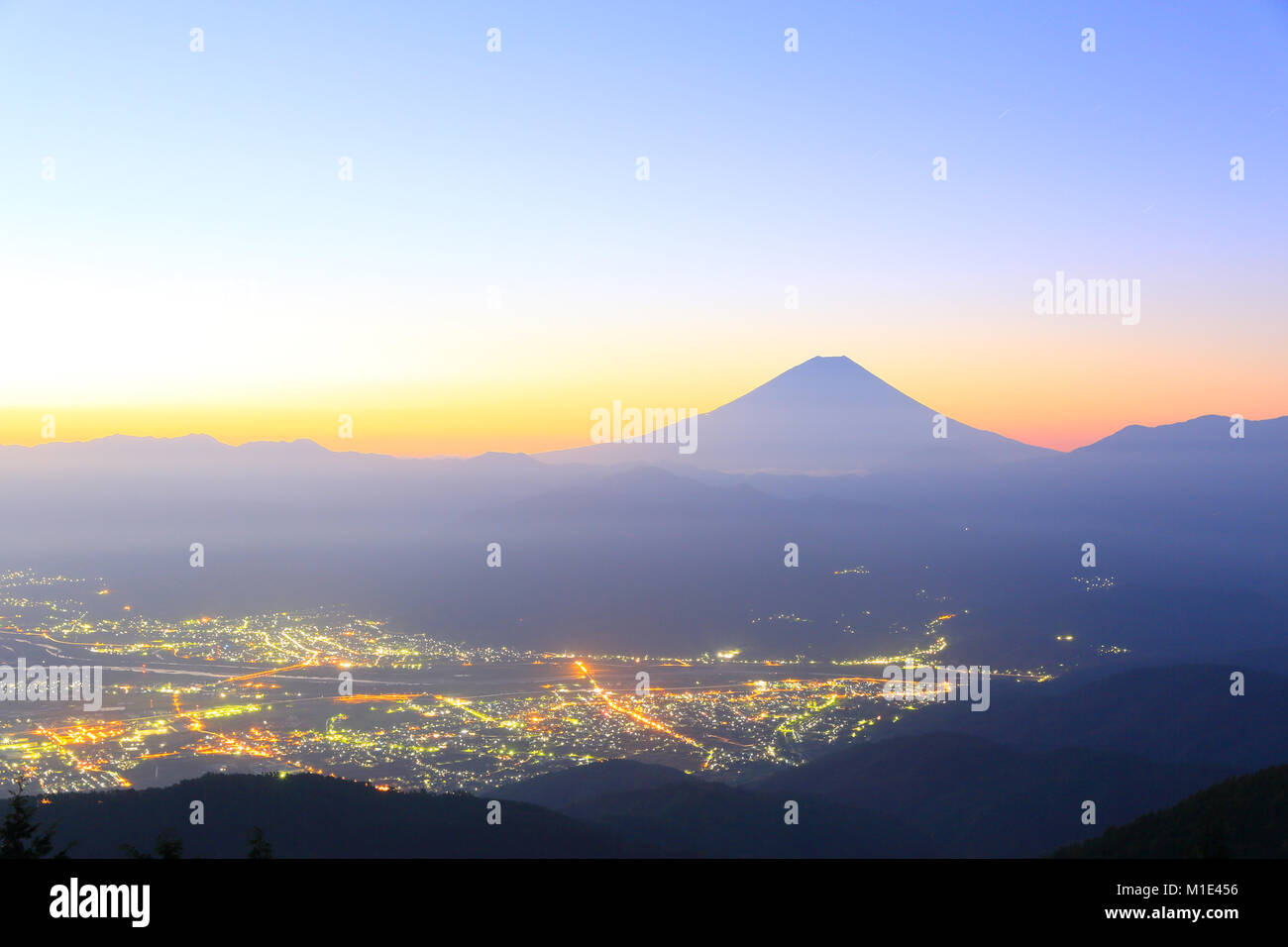Beautiful view of Mount Fuji and Fujikawa town, Yamanashi Prefecture