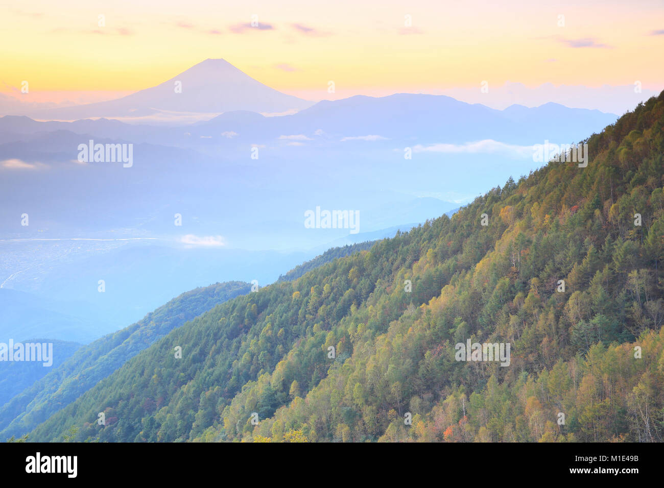 Beautiful view of Mount Fuji and autumn leaves, Yamanashi Prefecture, Japan Stock Photo