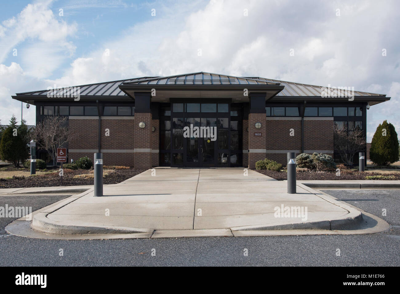 The front view of the Visitor Control Center at Joint Base Andrews, Md