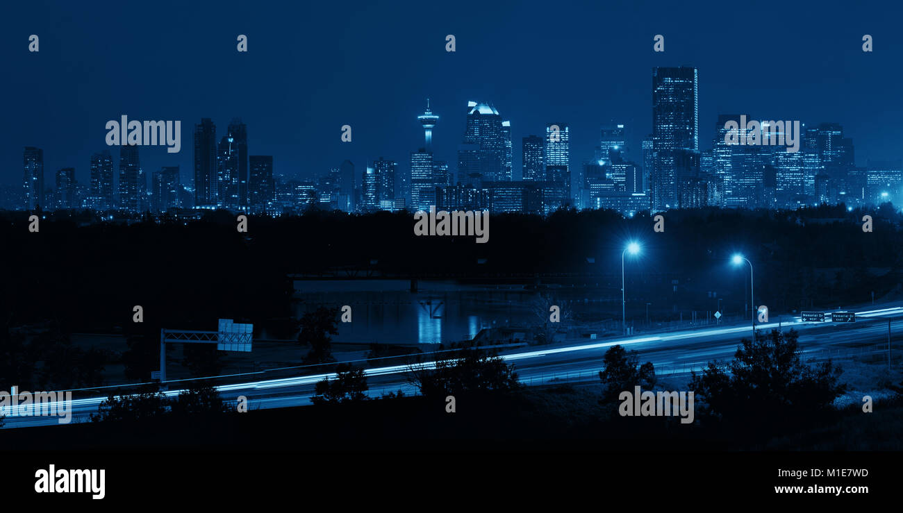 Calgary cityscape and highway in Alberta at night, Canada Stock Photo ...