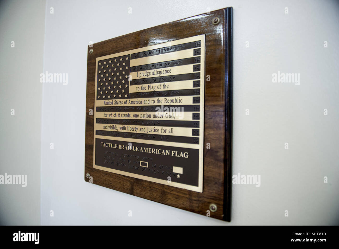The American Braille tactile flag in the Welcome Center at Arlington National Cemetery, Arlington, Virginia, Jan. 26, 2018.  In 2008, the 110th Congress passed H.R. 4169, which authorized the placement of the Braille Flag at ANC in honor of blind members of the Armed Forces, veterans, and other Americans.  The Braille Flag can be found inside the ANC Welcome Center near the Arlington Tours ticket center.  (U.S. Army Stock Photo
