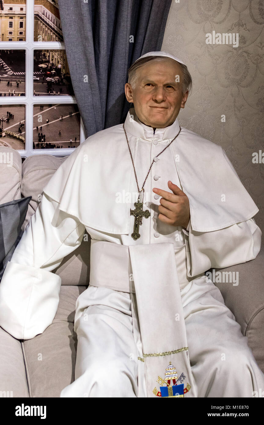 Poland, Cracow: Wax statue of Pope John Paul II at the Krakow Wax Museum. Stock Photo