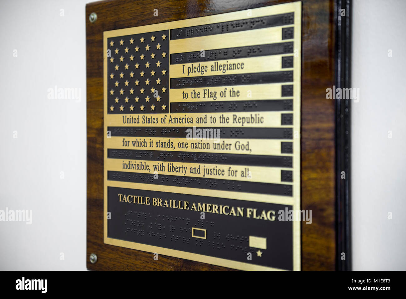 The American Braille tactile flag in the Welcome Center at Arlington National Cemetery, Arlington, Virginia, Jan. 26, 2018.  In 2008, the 110th Congress passed H.R. 4169, which authorized the placement of the Braille Flag at ANC in honor of blind members of the Armed Forces, veterans, and other Americans.  The Braille Flag can be found inside the ANC Welcome Center near the Arlington Tours ticket center.  (U.S. Army Stock Photo
