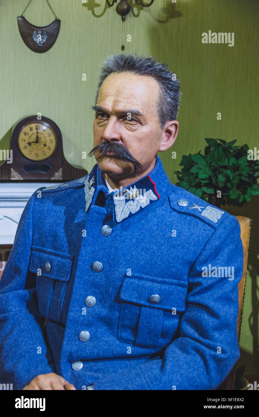 Poland, Cracow: Wax statue of Marshal Jozef Pilsudski at the Krakow Wax Museum. Stock Photo