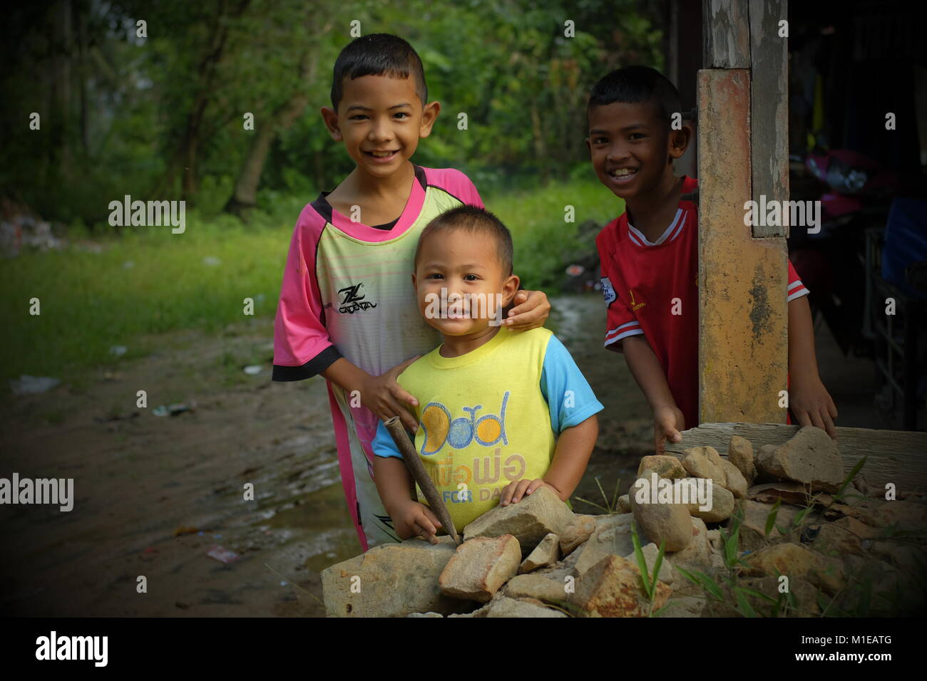 Three boys in koh Yao Yai, a Thai island in the Andaman Sea. 20-Jan-2018 Stock Photo