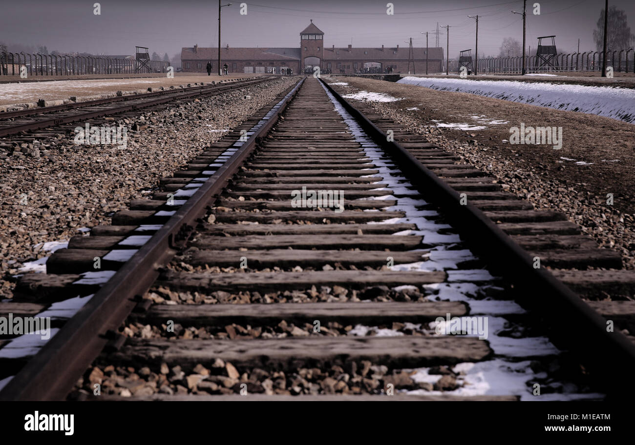Perspective view from inside Auschwitz II - Birkenau along railway track to entrance and gate tower. Stock Photo