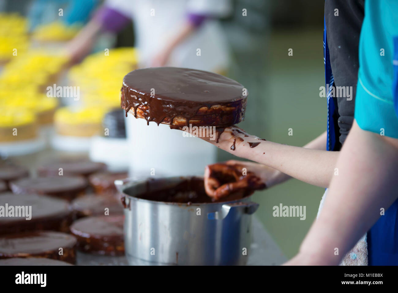 Spread chocolate cake with chocolate cream Stock Photo