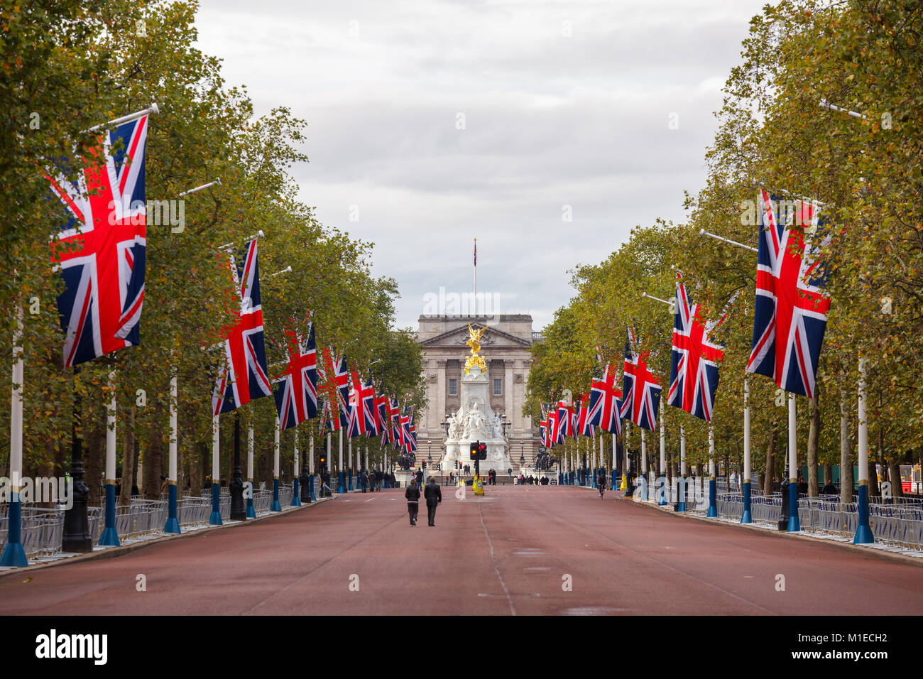 LONDON, UK - OCTOBER 28, 2012: A view along the Mall decorated with Union Jack flags towards Buckingham Palace Stock Photo
