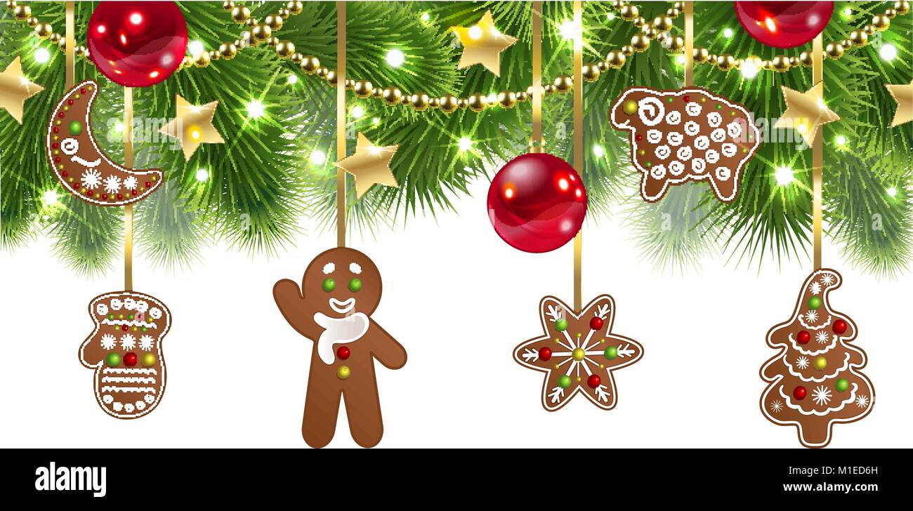 Christmas background with hanging gingerbreads Stock Vector