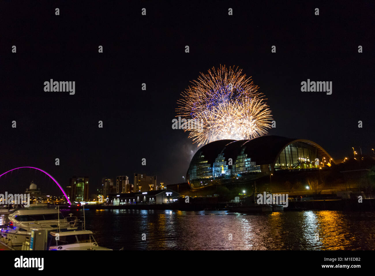 Beautiful Fireworks at Newcastle Quayside on New Year's Eve Stock Photo