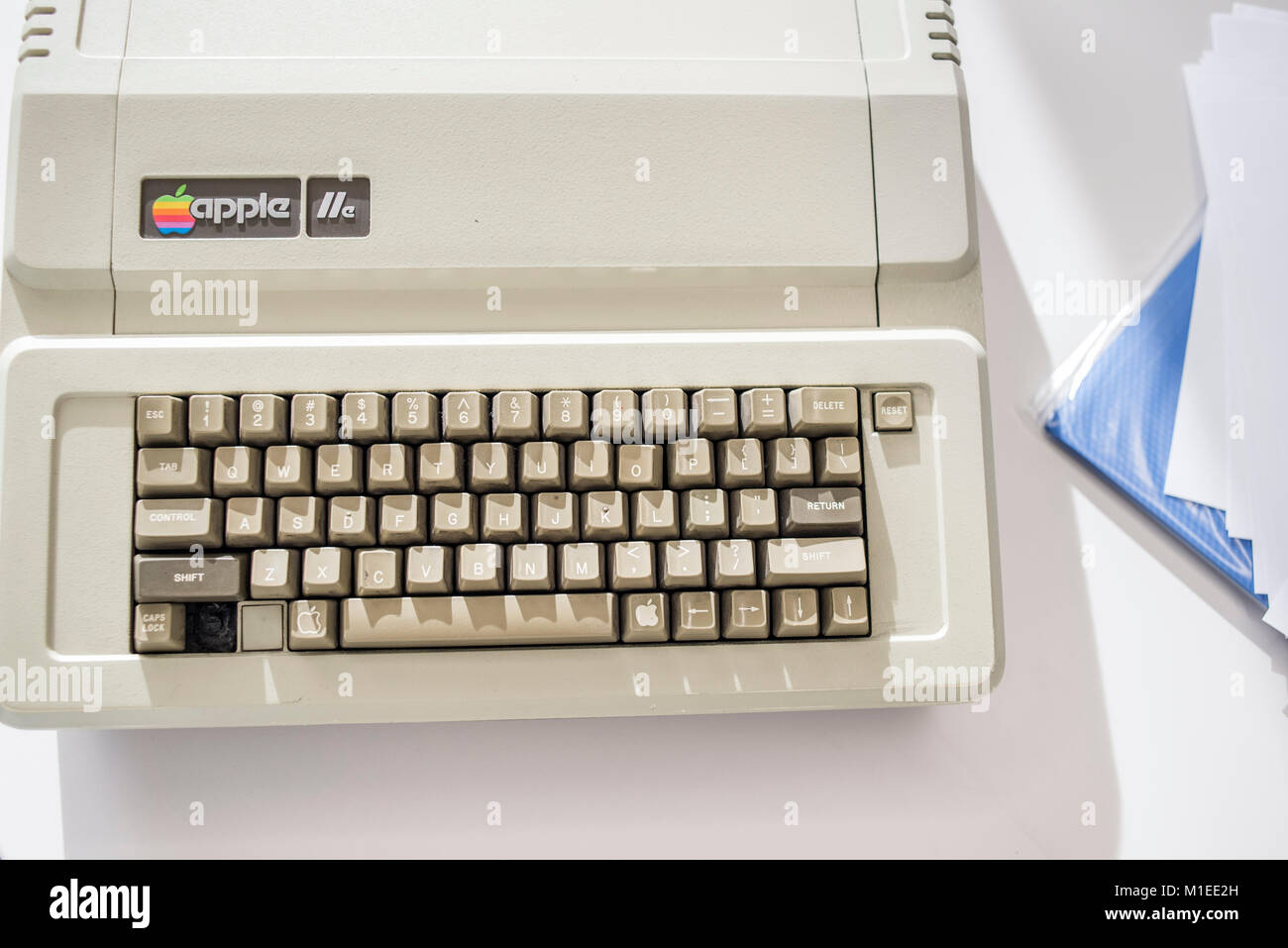 Apple IIe; release date January 1983; exhibited at MacPaw's Ukrainian Apple Museum in Kiev; Ukraine on January 26; 2017. Ukrainian developer MacPaw has opened Apple hardware museum at the company’s office in Kiev. The collection has more than 70 original Macintosh models dated from 1981 to 2017. Stock Photo