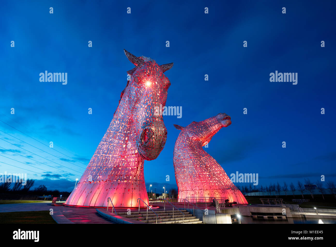 Night view of The Kelpies , large sculptures of horses, at Helix Park in Falkirk, Scotland, united Kingdom Stock Photo