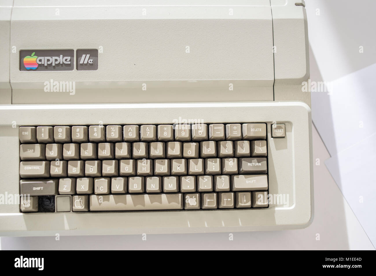 Apple IIe; release date January 1983; exhibited at MacPaw's Ukrainian Apple Museum in Kiev; Ukraine on January 26; 2017. Ukrainian developer MacPaw has opened Apple hardware museum at the company’s office in Kiev. The collection has more than 70 original Macintosh models dated from 1981 to 2017. Stock Photo
