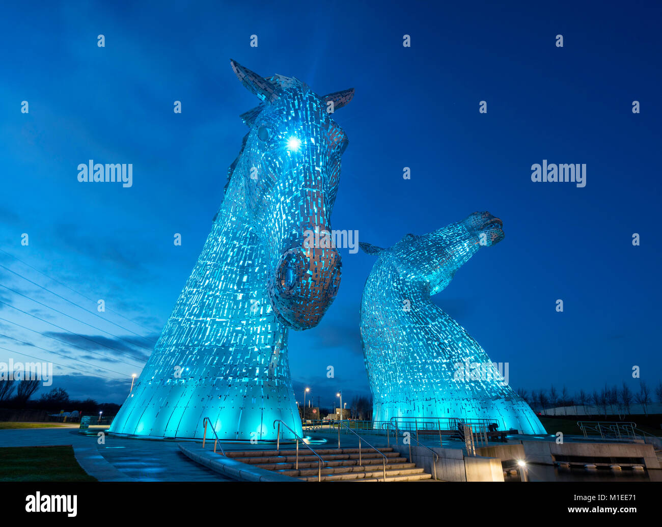 Night view of The Kelpies , large sculptures of horses, at Helix Park