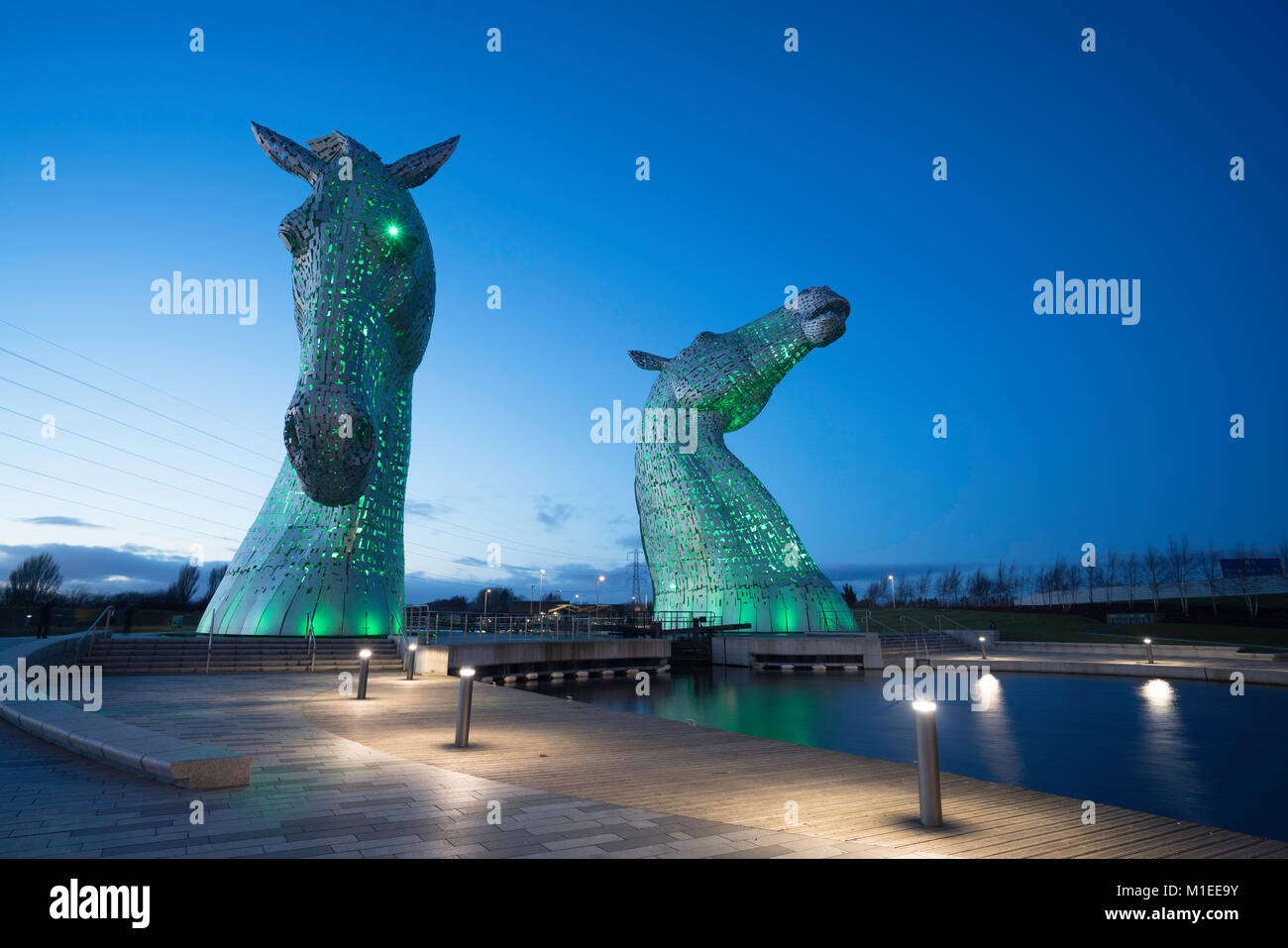 Night view of The Kelpies , large sculptures of horses, at Helix Park in Falkirk, Scotland, united Kingdom Stock Photo