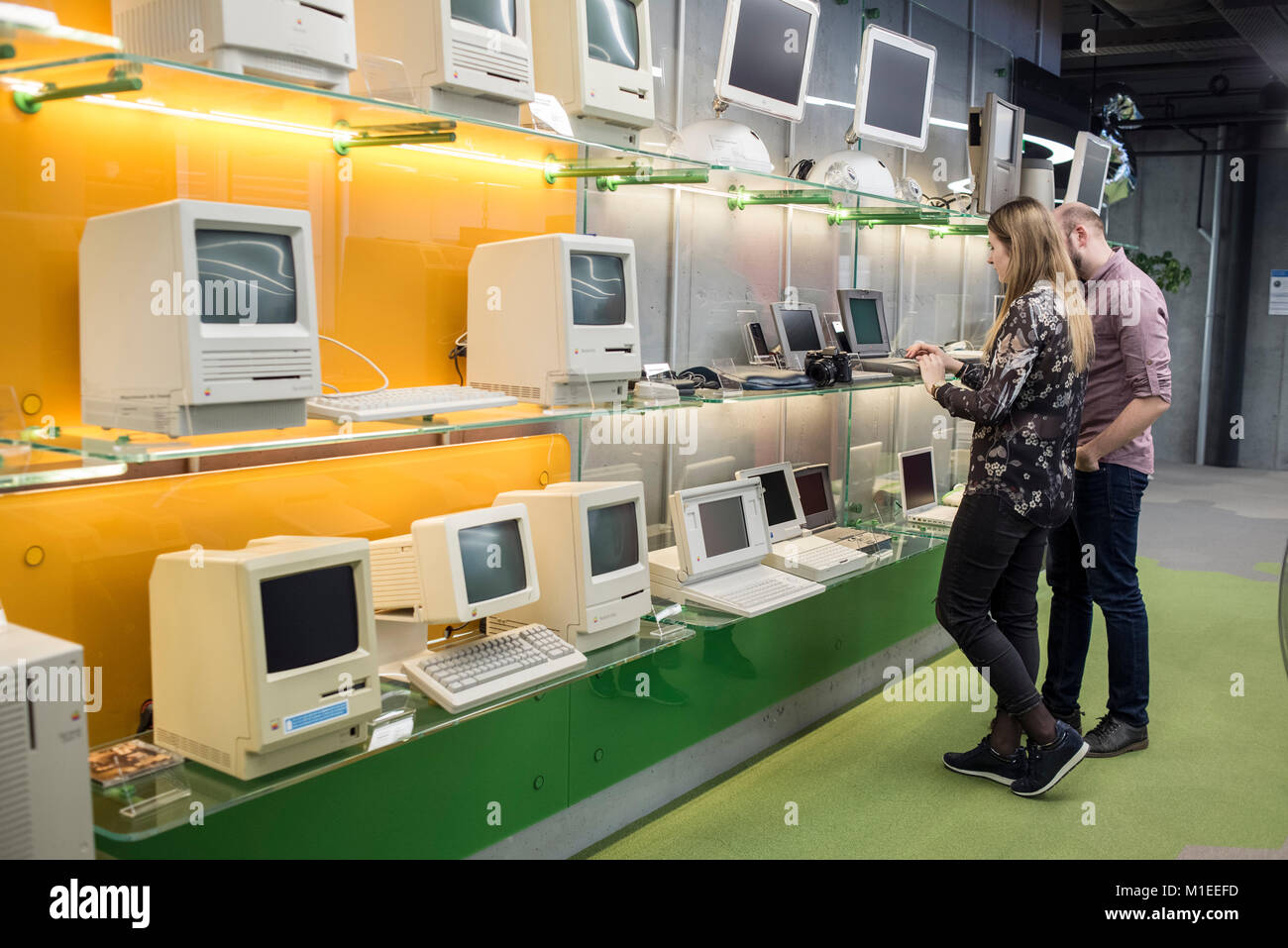 Macintosh models exhibited at MacPaw's Ukrainian Apple Museum in Kiev, Ukraine on January 26, 2017. Ukrainian developer MacPaw has opened Apple hardware museum at the company’s office in Kiev. The collection has more than 70 original Macintosh models dated from 1981 to 2017. Stock Photo