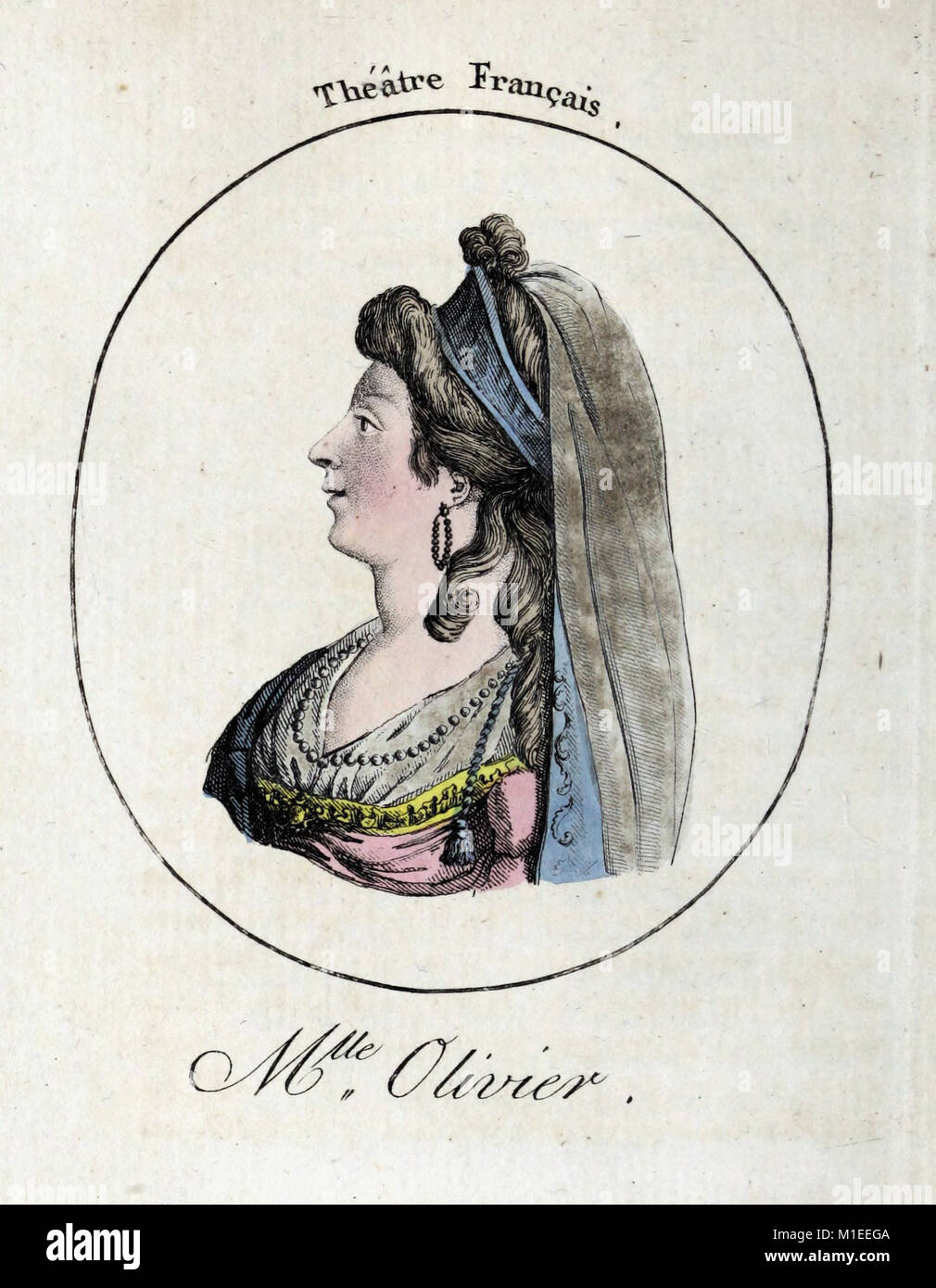 Portrait of Mlle Olivier - Théâtre Français - French color engraving 18th century Stock Photo