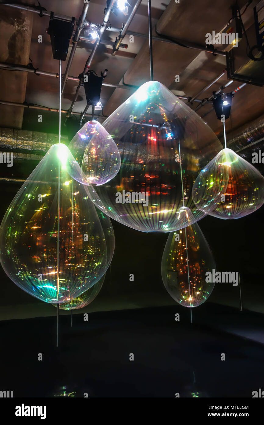 LONDON, UK-22 JAN 2018: Reflecting Holoons by Michiel Martens & Jetske Visser is on public display at  Canary Wharf's Winter Lights Festival 2018. Stock Photo