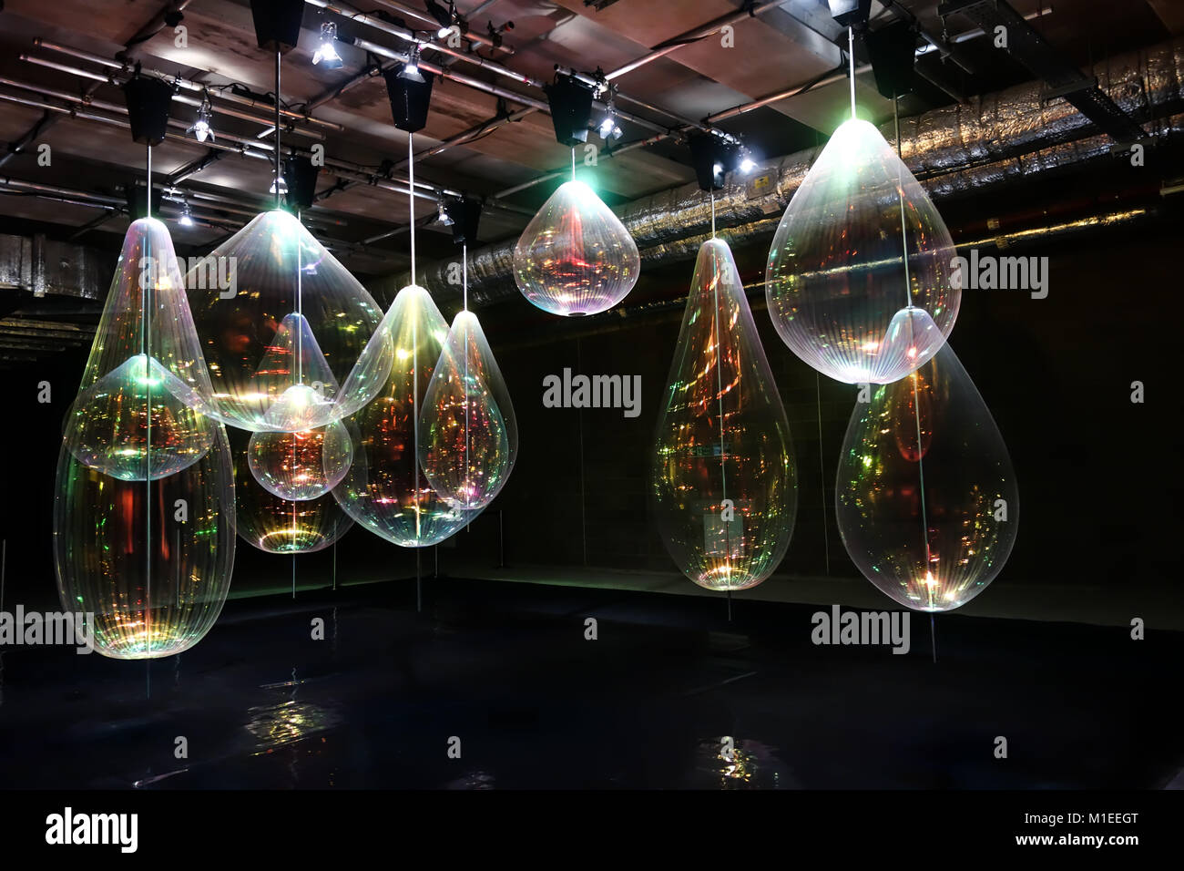 LONDON, UK-22 JAN 2018: Reflecting Holoons by Michiel Martens & Jetske Visser is on public display at  Canary Wharf's Winter Lights Festival 2018. Stock Photo