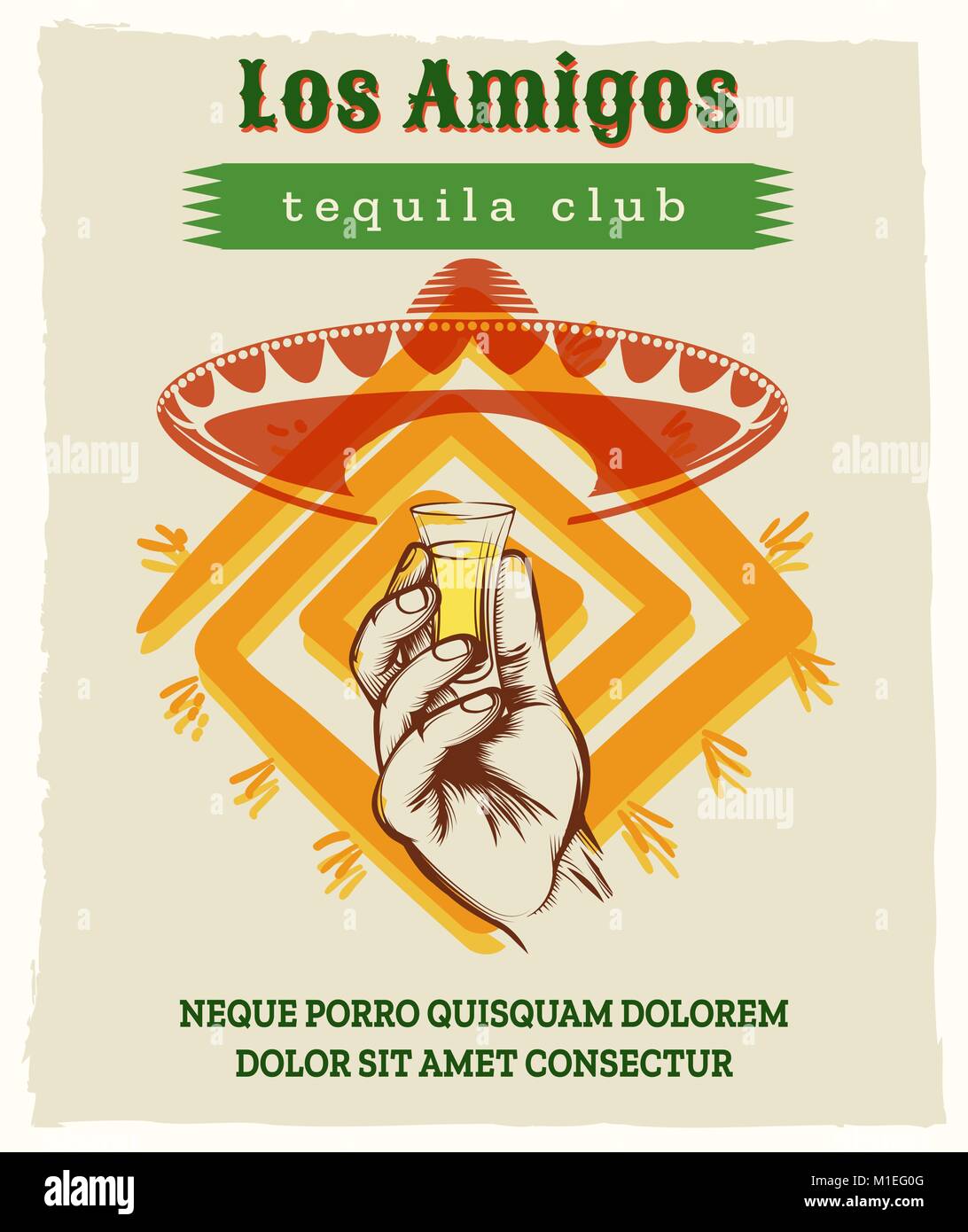 Vintage tequila poster. Retro vector illustration with male hand, mexican  sombrero hat and glass of tequila alcohol shot Stock Vector Image & Art -  Alamy