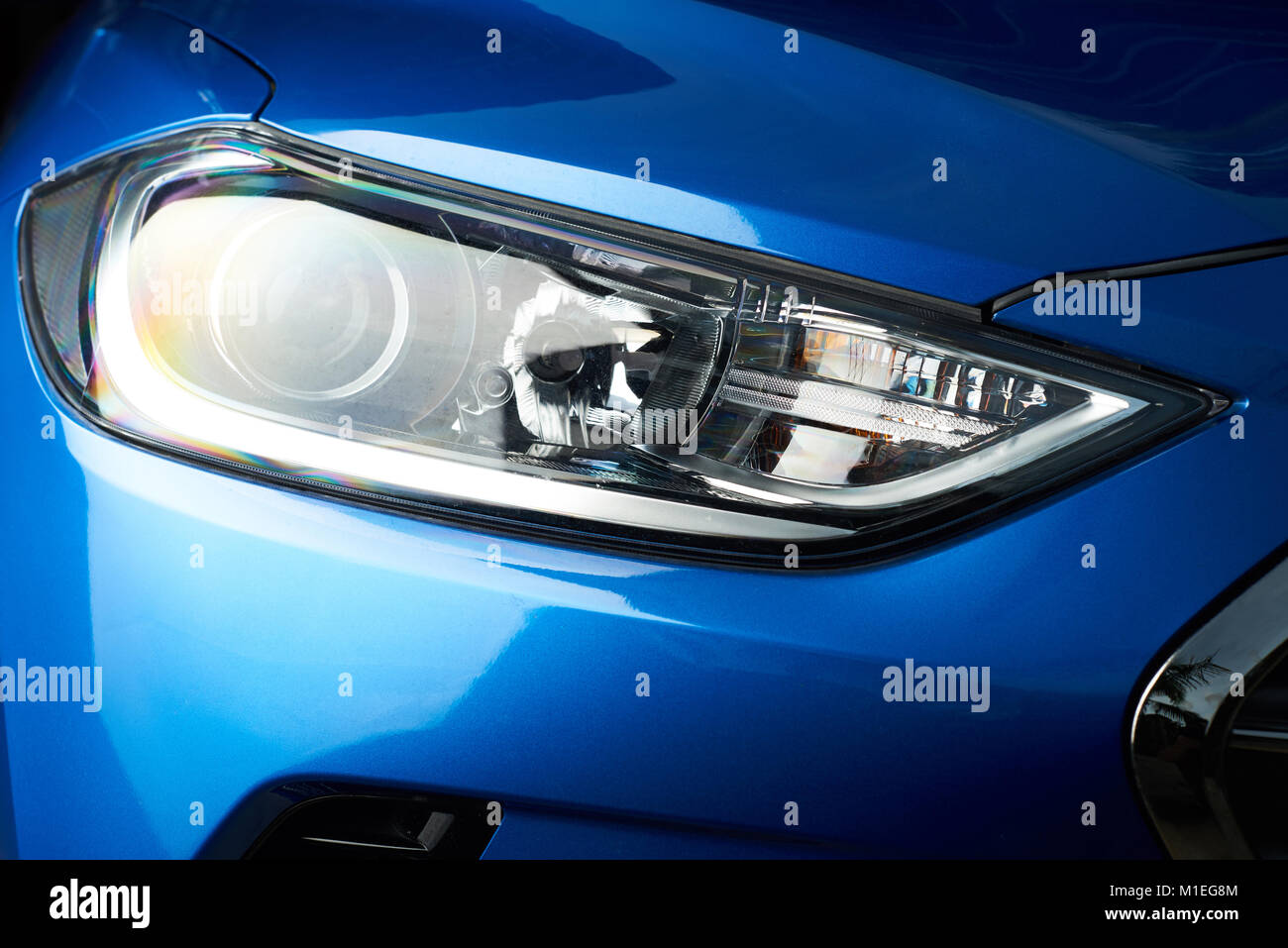 Led car headlight close-up. New modern vehicle detail of lamps light Stock Photo
