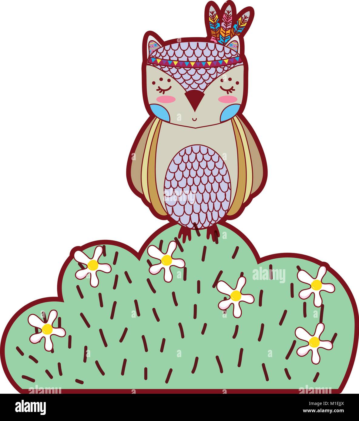 line color ethnic owl animal in bursh with flowers vector illustration ...