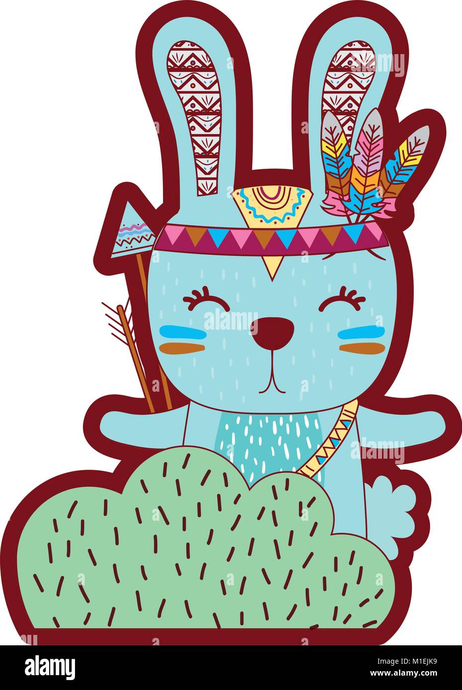 line color ethnic rabbit animal in back of bushes plant vector ...