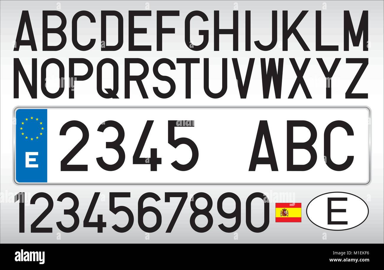 Spanish car plate, letters, numbers and symbols Stock Vector