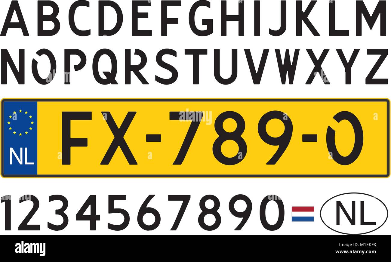 Netherlands car plate, letters, numbers and symbols Stock Vector