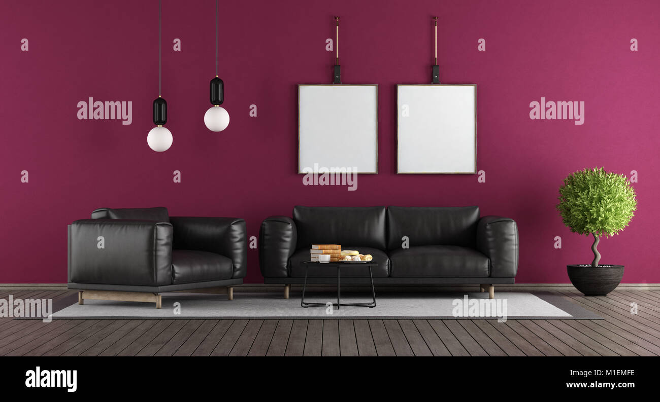 Modern living room with leather sofa and armchair - 3d rendering Stock ...