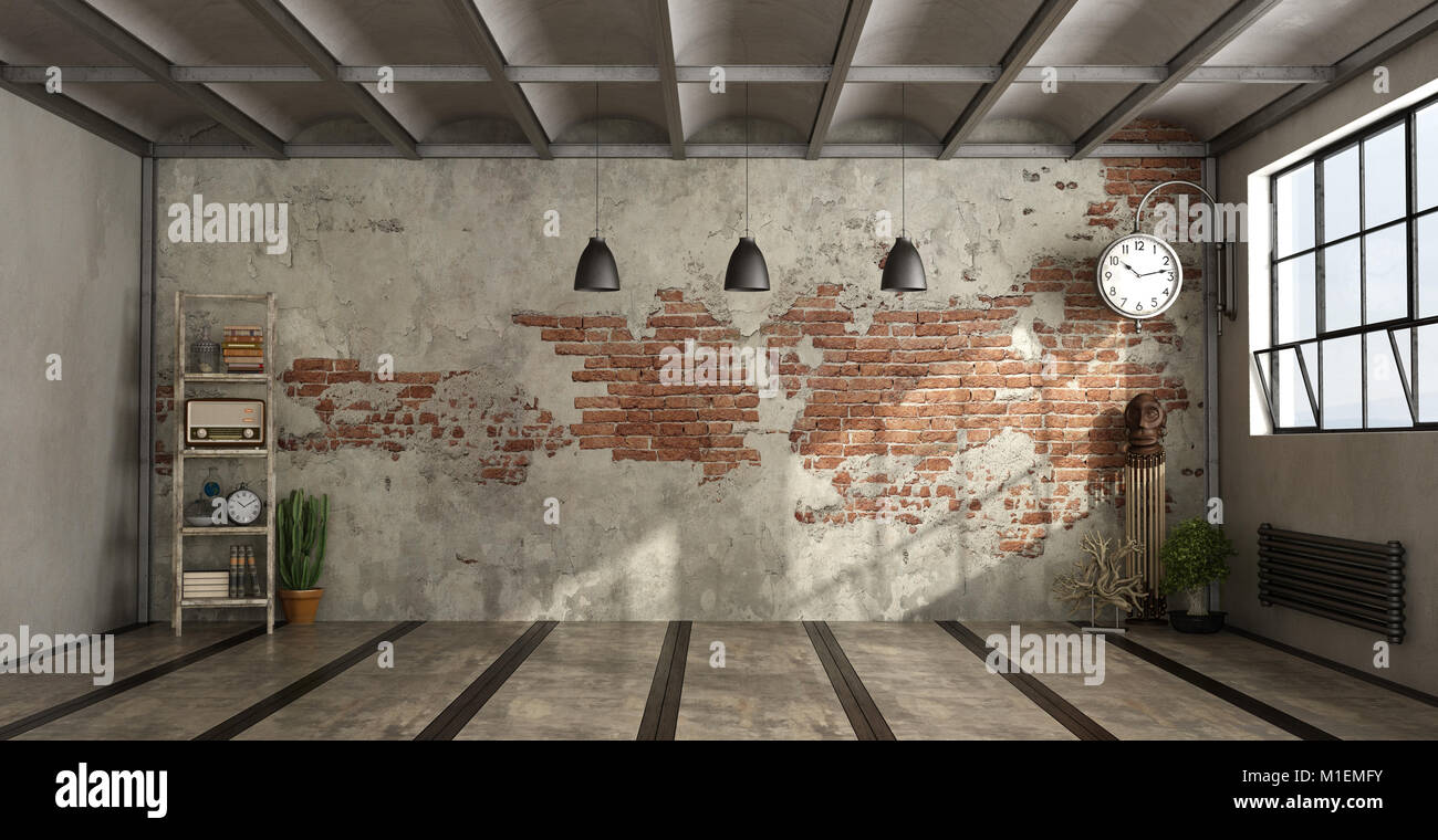 Empty living room in industrial style withdecor objects and brick wall - 3d rendering Stock Photo