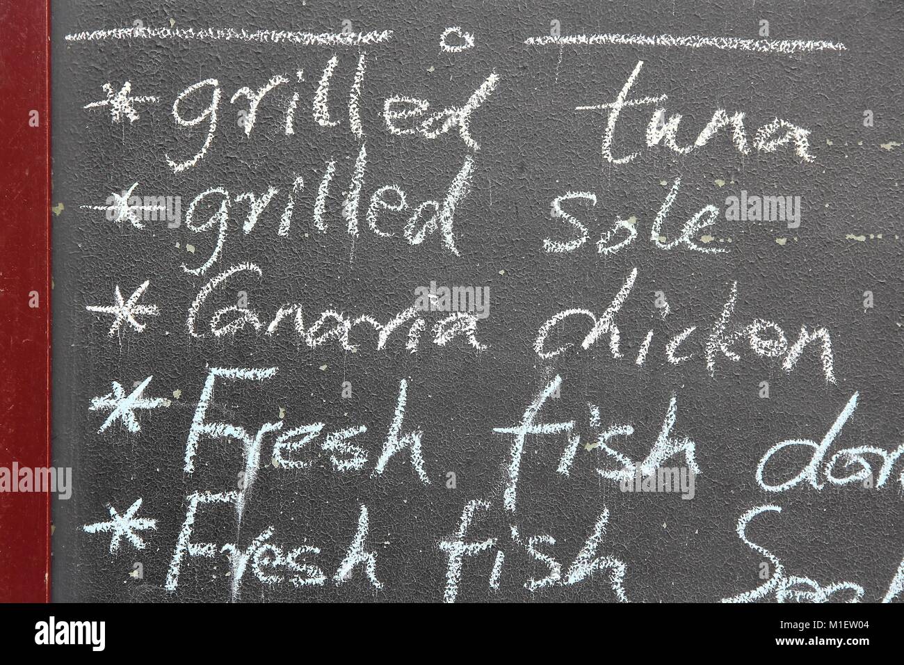 Restaurant menu in English - outdoor bar in Tenerife island, Canarian cuisine Stock Photo